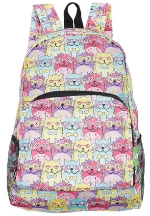 ECO CHIC leichter faltbarer Rucksack | Robuster, wasserabweisender Rucksack | Tagesrucksack zum Wandern, Camping, Reisen | Hergestellt aus recycelten Plastikflaschen (Brillenkatzen Mehrfarbig)