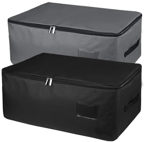IHOMAGIC Set di 2 Sacchetto di Immagazzinaggio, Borsa Portaoggetti Pieghevole con Manico e Cerniera Lampo, Organizzatore per Vestiti Coperte 49L, Grigio Scuro/Nero