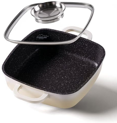 STONELINE Poêle à Servir carrée 20x20 cm, avec Couvercle Aromatique, Compatible à l'induction et au Four, Revêtement Antiadhésif avec de vraies particules de pierre, Crème