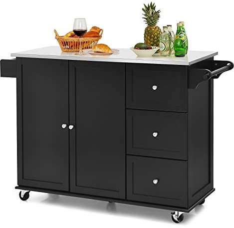 COSTWAY Küchenwagen mit Arbeitsplatte aus Edelstahl, Kücheninsel mit 3 Schubladen & Verstellbarer Ablage & Handtuchhalter, Mobiler Servierwagen Kücheninselwagen, Küchenschrank auf Rollen (Schwarz)