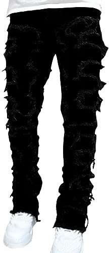 Straight Flare Jeans a tubo, jeans da uomo, jeans a coste, patchwork, lavati, vintage, largo, punk, denim, hip hop, jeans alla moda, Nero , S