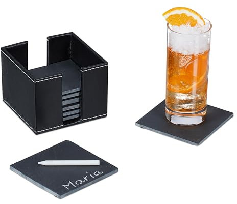 Relaxdays Caja Juego 8 Posavasos Pizarra con Estuche de Polipiel, Platos Sushi, Vasos Cóctel y Copas, 10x10 cm, Antracita