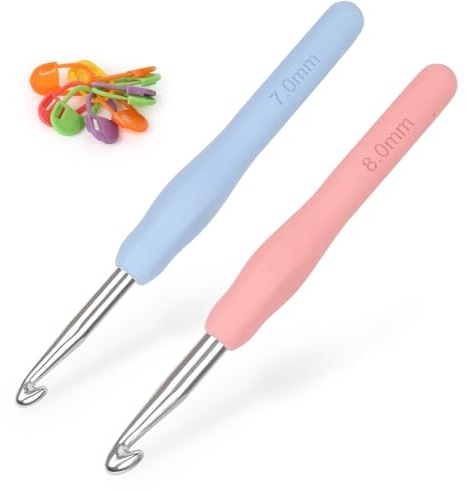 Coopay Aiguilles à crochet 7,0 mm et 8,0 mm, 2 pièces Aiguille à crochet en métal, Aiguille à crochet ergonomique avec poignée souple pour mains arthritiques, Aiguilles à crochet en TPR pour débutants