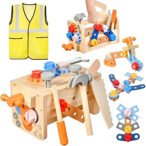 OSDUE Werkzeugkoffer Kinder Spielzeug, Montessori Spielzeug Junge Mädchen Holzspielzeug Werkzeugkasten, Kinderwerkzeug Lernspielzeug Werkzeug Koffer Kinder Kinderspielzeug Spiele mit Schürze
