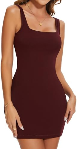 SHAPERIN Bodycon klänning dam fyrkantig hals miniklänningar kort ärmlös fest ärmlös tankklänning, Bourgogne, XL