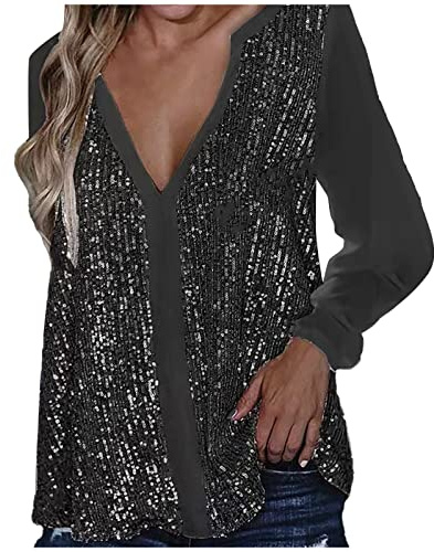 Tee Shirt A Paillette Femme Col V- Top Sexy Femme Manches Longues-Tunique Chic Et éLéGant Classique DéContractéS Hauts Basic Comfort Mode Pullover Chemises SoiréE Fête éPissage Blouse