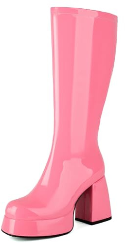 Stivali Alti Fino al Ginocchio Vernice Donna,Stivali Cosplay alla Moda Tinta Unita,Stivali Discoteca Punta Rotonda Anni '70,Stivali metà Polpaccio Cerniera Laterale Metallica,Rosa,39 EU