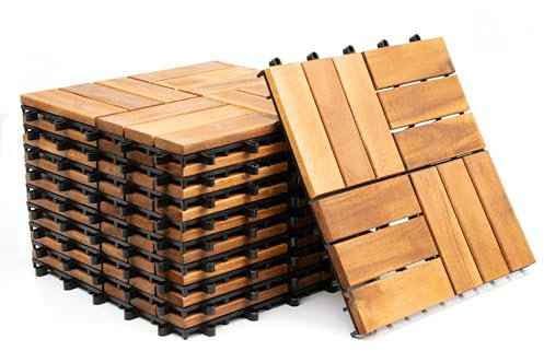 Crystals Hardwood Decking Tiles 30x30cm – Pack of 18 Tiles - 12-Slat Interlocking Floor Tiles for Patio, Balcony, Garden, or Hot Tub Deck – Weather-Resistant, Easy to Installation, Great Drainage