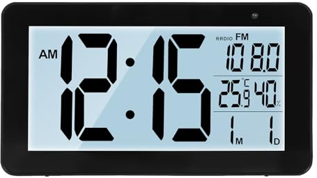 Seutgjie Radio reloj digital a pilas/conexión de alimentación con luz de fondo, temperatura, humedad, fecha, 2 alarmas, función de repetición, 12/24 horas