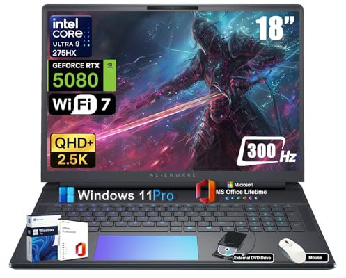 Alienware 18 Area-51 Gaming Laptop - Intel Ultra 9 275HX (24-Core, Up to 5.4GHz), RTX 5080 GDDR7, 16 2.5K QHD+ 300Hz, 64GB DDR5, 4TB SSD, Backlit KB, w/DVD Drive, Win 11 Pro, Office Lifetime