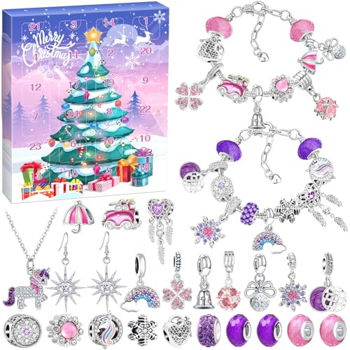 ZQEJEFD Calendario Adviento 2025 Adolescentes Niñas,24 Días calendario de adviento Joyas Kit para Hacer Pulseras Manualidades Regalos,DIY Pulsera Colgante Calendario Adviento Regalo Niña de 5-14 Años