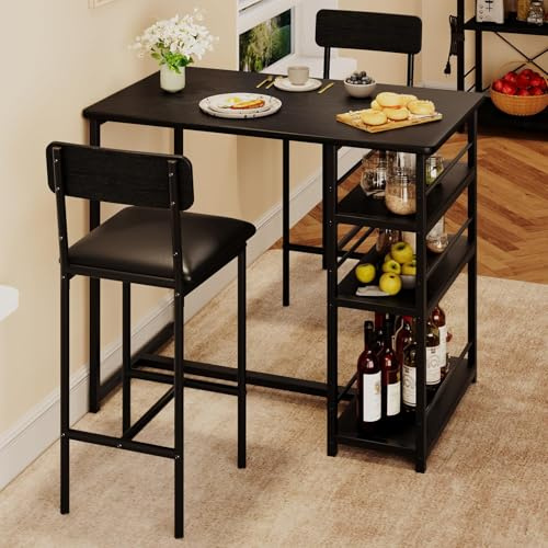 Set Tavolo e Sedie da Bar per 2 Persone - 3 Pezzi Nero Vintage, Altezza Bar con Sgabelli Imbottiti, Ideale per Piccoli Spazi e Appartamenti