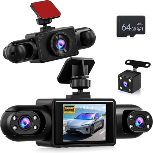 NHOPEEW Dash Cam a 4 canali anteriore e posteriore - Telecamera per auto a 360 gradi con display da 2 pollici, visione notturna IR, registrazione in loop, rilevamento del movimento + scheda TF da 64G