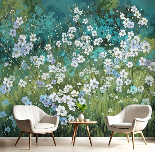 Papel Pintado Pintura Al Óleo Campo De Flores Pared 3D Papel Tapiz - Fresco Natural Murales Tapiz Fotomural para Sala Cuarto Oficina Salón Tv Fondo Pared Dormitorio Decoración, Verde