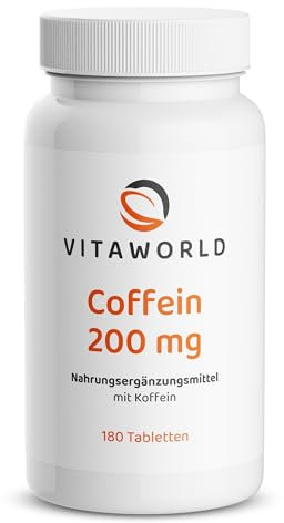 Coffein Tabletten - Koffeintabletten hochdosiert 200mg pro Tag als Wachmacher (180 vegane Tabletten) - ideal als Muntermacher für Fokus & Energie - laborgeprüft, ohne Zusätze, glutenfrei - vitaworld