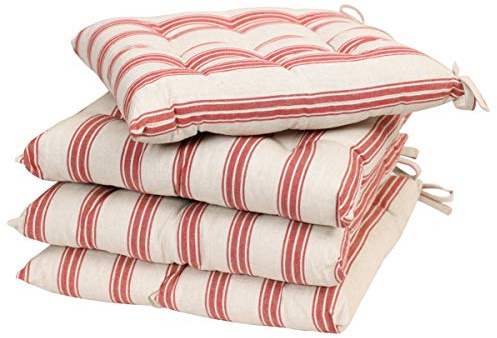 Dibor Set of 4 Seat Pads Beige & Red Stripe Tie-On Dining Chair Cushions | Machine Washable, Tie-On, 100% Cotton, Recycled Polyester Fibre Filling, Striped Design