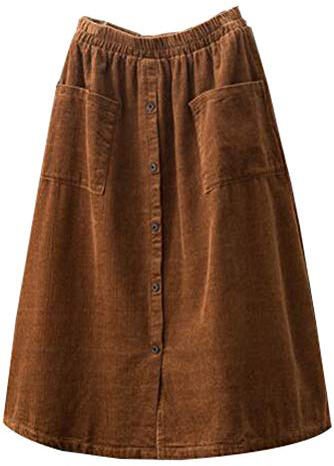 Minibee Women's Corduroy Midi Skirt Front Split Buttons Decoration A-Line Dress Brown M