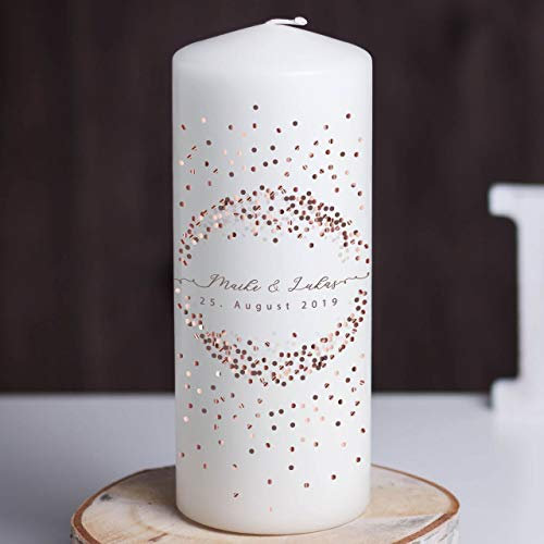 Hochzeitideal - Hochzeitskerze mit Namen und Datum Copper Dots Creme - 20x8cm - Elegante Hochzeit Kerze - Einzigartige Traukerze - Personalisierte Kerzen - Kerze mit Gravur