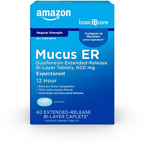 Amazon Basic Care Guaifenesin Extended-Release Bi-Layer Tablets, 600 mg, 12 Hour Expectorant for Chest Congestion and Mucus Relief, Cough Medicine, 60 Count