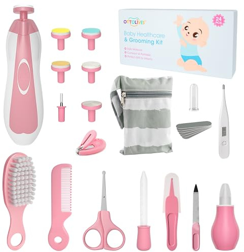 OTTOLIVES Baby Healthcare and Grooming Kit, 24 in 1 Baby Electric Nail Trimmer Set Newborn Nursery Health Care Set for Newborn Infant Toddlers Baby Boys Girls Kids Haircut Tools (0-3 Years+) (Pink)