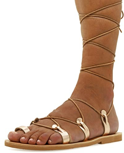 41 Or rose Emmanuela Sandales en cuir haute en cuir dans un ancien style grec, gladiateur à la main, Sandales de reliure, chaussures d'été, sandales à lacets à la dentelle