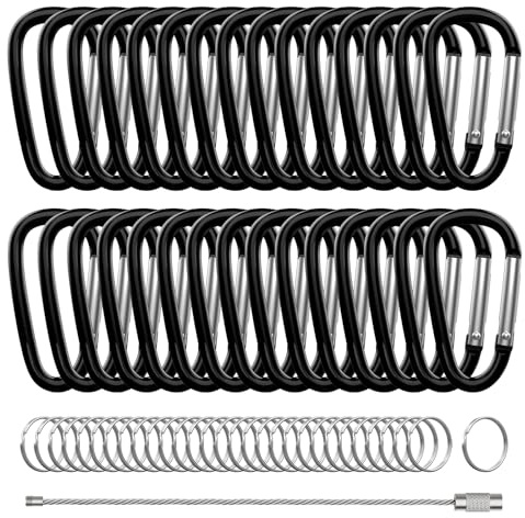 XIECHANEE 30PCS Aluminum Carabiner Clips, 2 D Shape Spring Snap Hooks Carabiner with 30PCS Keyring Keychain Hook, Black