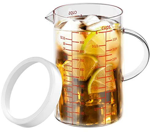 77L Glass Measuring Cup, 4-Cup/1000 ML Liquid Measuring Cups, Measuring Cup With Handle and V-Shaped Spout, Glass Beaker with Three Scales (OZ, Cup, ML), Dishwasher/Freezer/Microwave Safe