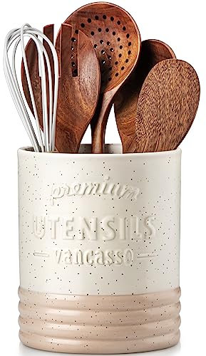 vancasso Sabine Utensilienhalter für Küchentheke, 15,7 cm, kleiner Keramik-Utensilienbehälter, cremefarben, Bauernhaus-Utensilien-Organizer für Heimdekoration
