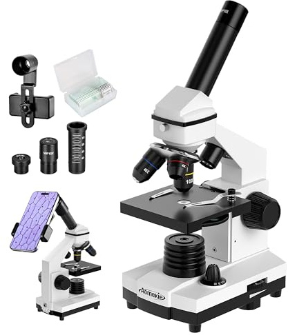 Aomekie 40X-2000X Microscopio para niños adultos estudiante con ocular (WF10X/25X) y 2X Barov y 10 cuchillas de cristal con adaptador de teléfono