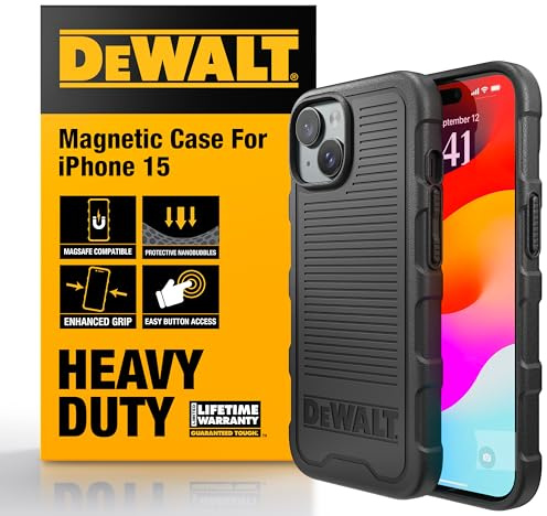 DEWALT Heavy Duty Strong Magnetic For Iphone 15 Case Fits Magsafe, Drop Resistant Impact Protective Back Cover, Shockproof Slim Fit For Iphone 15 Phone Case, Matte Black