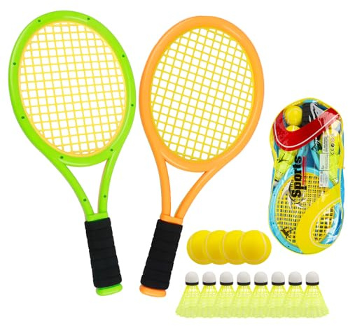 Nileatry Kids Tennis Rackets,Bat And Ball Set Include 8 Badminton Shuttlecocks,4 Sponge Balls And 2 Tennis Rackets,Orange&Green