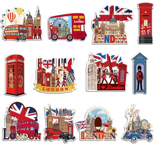 Luvart Calamite da frigorifero da cucina di Londra, 12 pezzi, souvenir di Londra, souvenir britannico, con bandiera inglese, magnete rosso, cabina telefonica, autobus, frigorifero, design unico ed