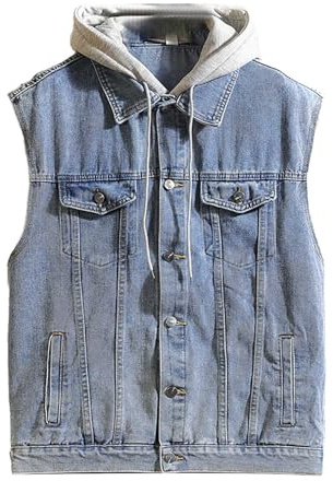 YOSUWOAI Gilet d'hiver en jean pour homme avec capuche, style motard, sans manches, veste demi-saison avec boutonnière, vintage, gilet en denim avec plusieurs poches, revers simple, gilet de moto