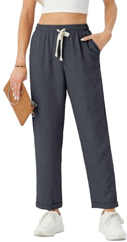 PrinStory Womens Lightweight Straight Leg Trousers Elasticated Waist Summer Trousers Drawstring Ladies Pants With Pockets