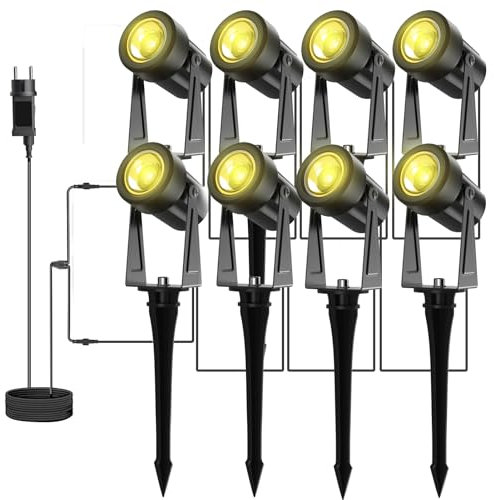GLOBELIT LED Gartenbeleuchtung 27M Kabel, 8er-Set 360° Einstellbar IP65 Wasserdicht Gartenstrahler,30° Strahlwinkel, 3000K Warmweiß Gartenleuchten Mit Strom 150LM