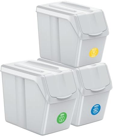 Sorting Bins Recycling Segregation Waste Set Stackable Lidded White bin 20L or 25L with Labels Stickers (3x 20L)
