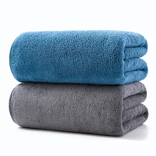 Lumimi 2 Pack Premium Microfiber Bath Towels - Ultra Soft & Quick Dry 55 L x 27 W, Lightweight & Highly Absorbent Blue Dark Grey