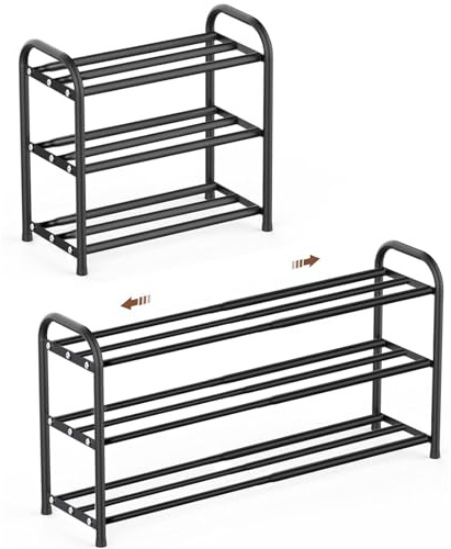 XIANGLV Étagère à Chaussures, étroite, Extensible, Peu encombrante, réglable, Petite, en métal, Noire, Rangement de Chaussures, pour l'extérieur, Le Camping, Le Couloir (3 Niveaux) (3 étages)