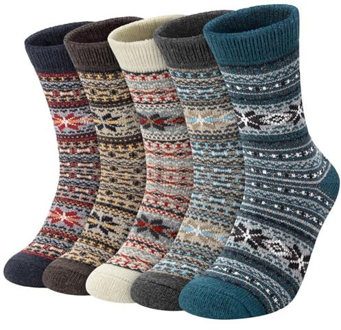 5 Pares Calcetines de Lana Merino para Hombre Calcetines Térmicos de Invierno Calcetines Gruesos y Cálidos de Negocios Causal Regalos (Azul marino + Gris oscuro + Beige + Marrón café + Azul oscuro)