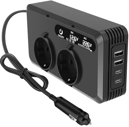 Trasformatore di tensione per auto, inverter DC 12 V, adattatore accendisigari, 2 prese e 2 porte USB + 2 porte tipo C, ricarica rapida per telefoni cellulari