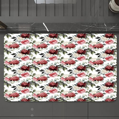 EMCLKS Badteppich rutschfeste,weicher Badezimmerteppich Badematte Badvorleger für Dusche,Badewanne und Toilette,Landhausstil Blumen Rosen Aquarell Bild Kunst, Creme dunkel Koralle Kastanien,60x90 cm