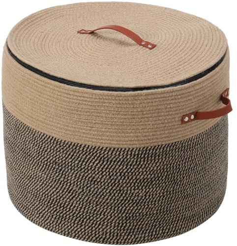 Extra Large Cotton Rope Storage Basket with Lid and Zipper, Versatile Laundry Hamper and Cloth Bin for Clothes, Towels, Blankets, Living Room Organization (Jute, 20x15)