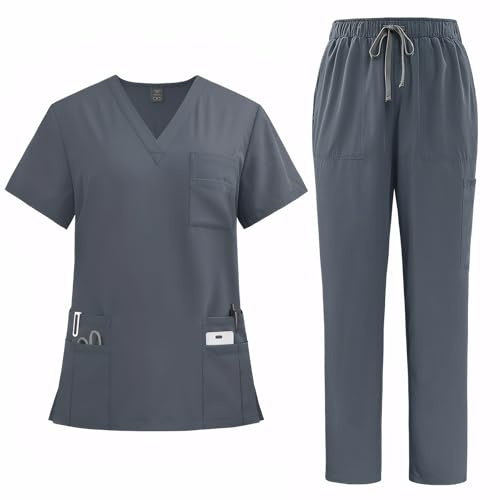 Meichoon Ensemble de gommage pour femme Uniforme médicale avec col en V et 8 poches Pantalon à jambe droite Absorbant l'humidité DK77Grey L