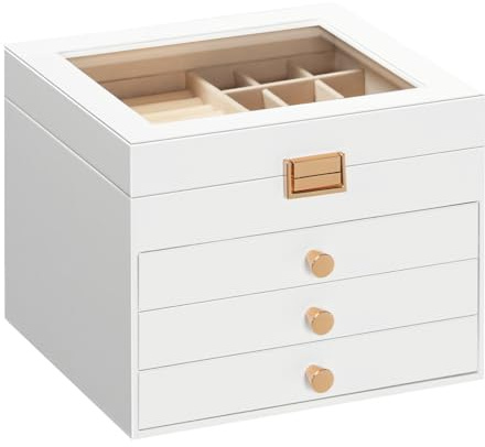 HOOBRO Scatola Portagioie 4 Livelli con Coperchio in Velluto e Finestra in Acrilico, 3 Cassetti, per Collane Orecchini Bracciali Anelli Orologi, Bianco EWT27JB04