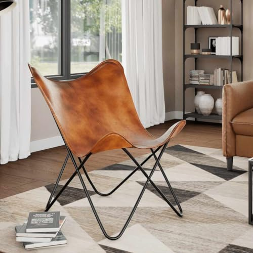 Tonture Poltrona a farfalla marrone in vera pelle, fatta a mano, in ferro resistente, 74 x 66 x 90 cm, per soggiorno, camera da letto, relax, interni