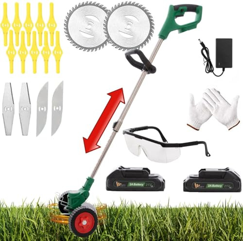 WITIT DECESPUGLIATORE ELETTRICO A BATTERIA PORTATILE 21V 2 AH 800W CON 2 BATTERIE, REGOLABILE IN ALTEZZA PER GIARDINAGGIO POTATURE TAGLIABORDI, MOTORE BRUSHLESS, 4000 mAh PARACOLPI RUOTE VARIE LAME