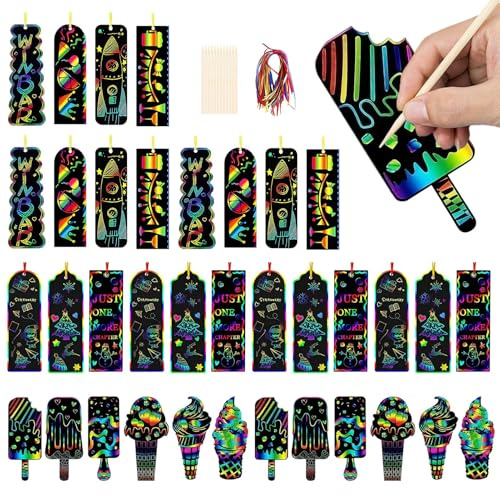 36Pcs Scratch Art, Rainbow Bookmarks Scratch Art Party Bags Fillers