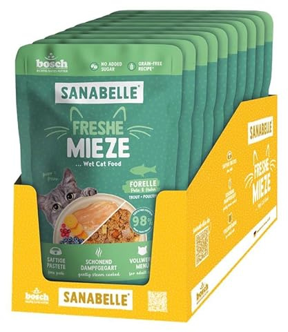 Sanabelle Freshe Mieze - Trucha, Pavo y Pollo, 10 Bolsas de 100 g Totalmente reciclables, Comida húmeda cocida al Vapor para Gatos, Comida para Gatos como recién cocida, una Marca de Alimentos para