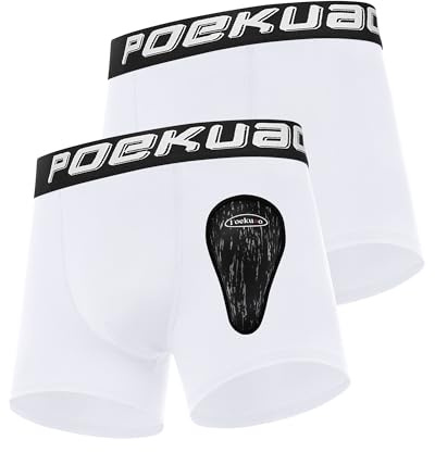 Poekuao 2 Pack Youth Boys Compression Shorts with Soft Protective Athletic Cup Kids Comfortable Cup Underwear Boxer Brief for Baseball Football White+White L