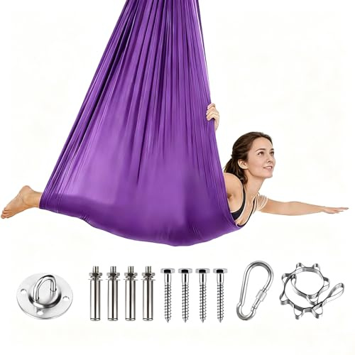 Hamac de Yoga Aérien 280x150 cm, Capacité de Charge 500 kg, Kit Complet D'Installation Inclus, Accessoires De Yoga Anti-Gravité Pour Adultes (Violet)